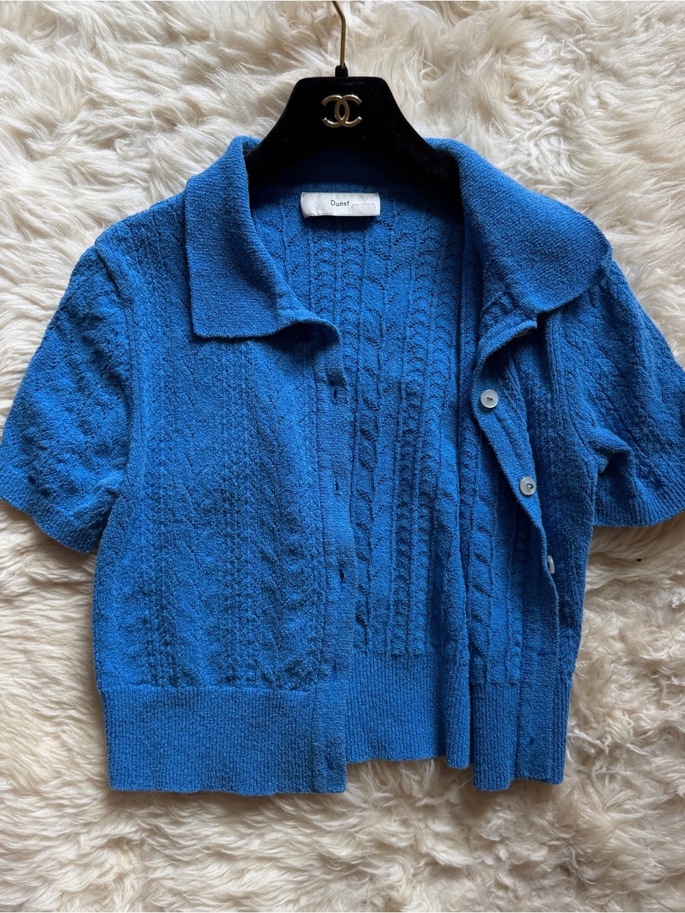 Blue Short-Sleeve Knit Cardigan Sweater